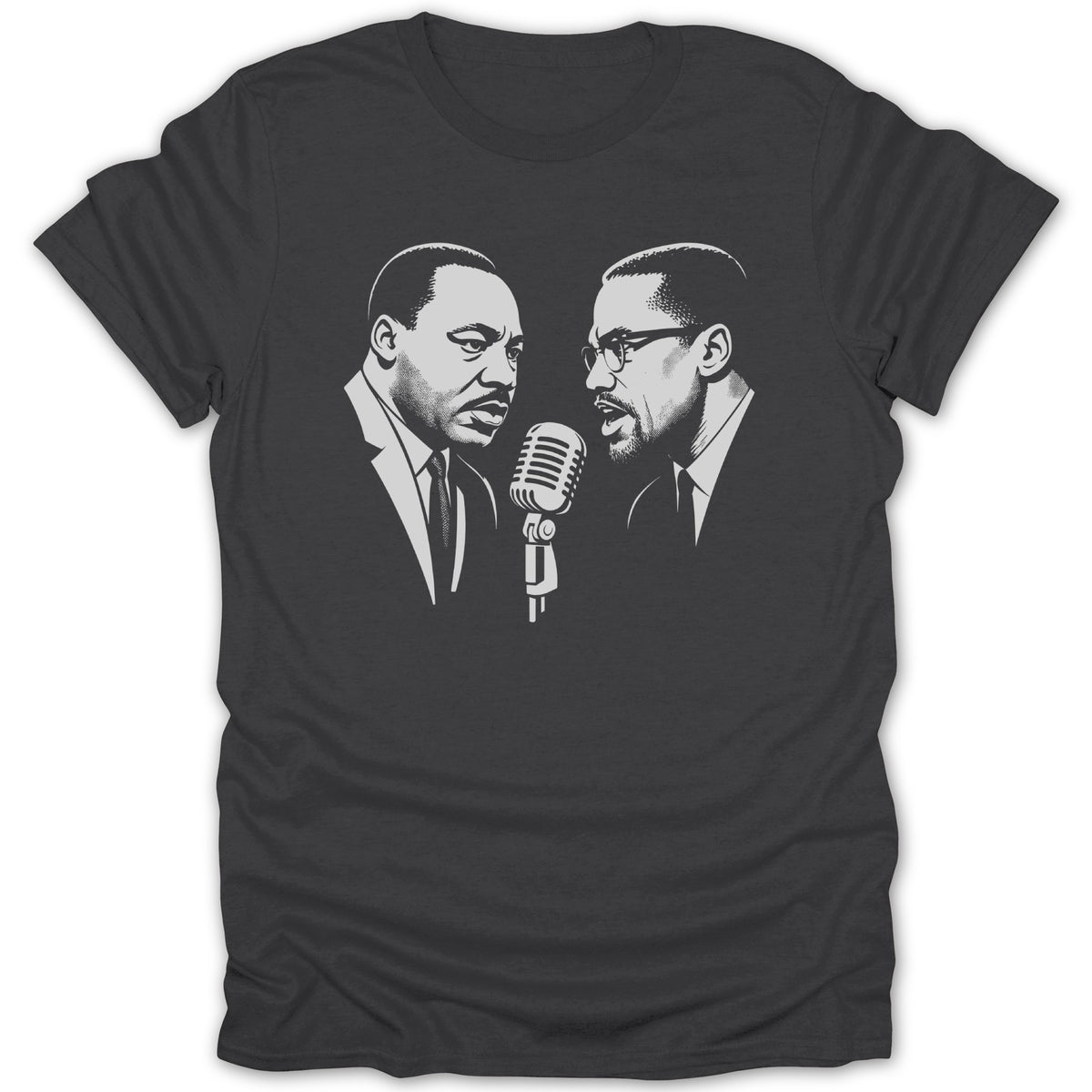 Martin Luther King Jr. and Malcolm X portrait with a vintage microphone on a charcoal t-shirt.