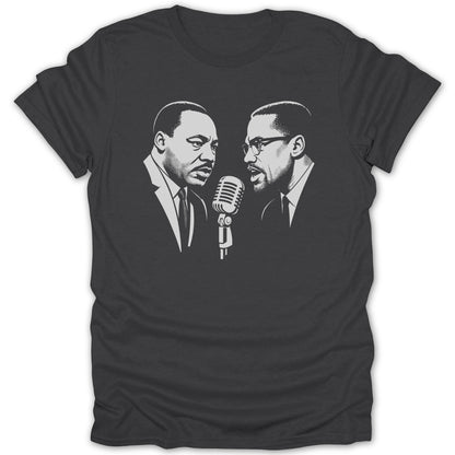 Martin Luther King Jr. and Malcolm X portrait with a vintage microphone on a charcoal t-shirt.
