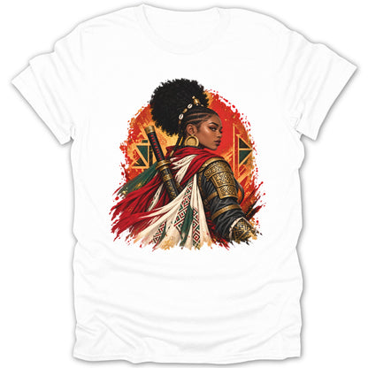Warrior woman with sword and patterned cape on white t-shirt.