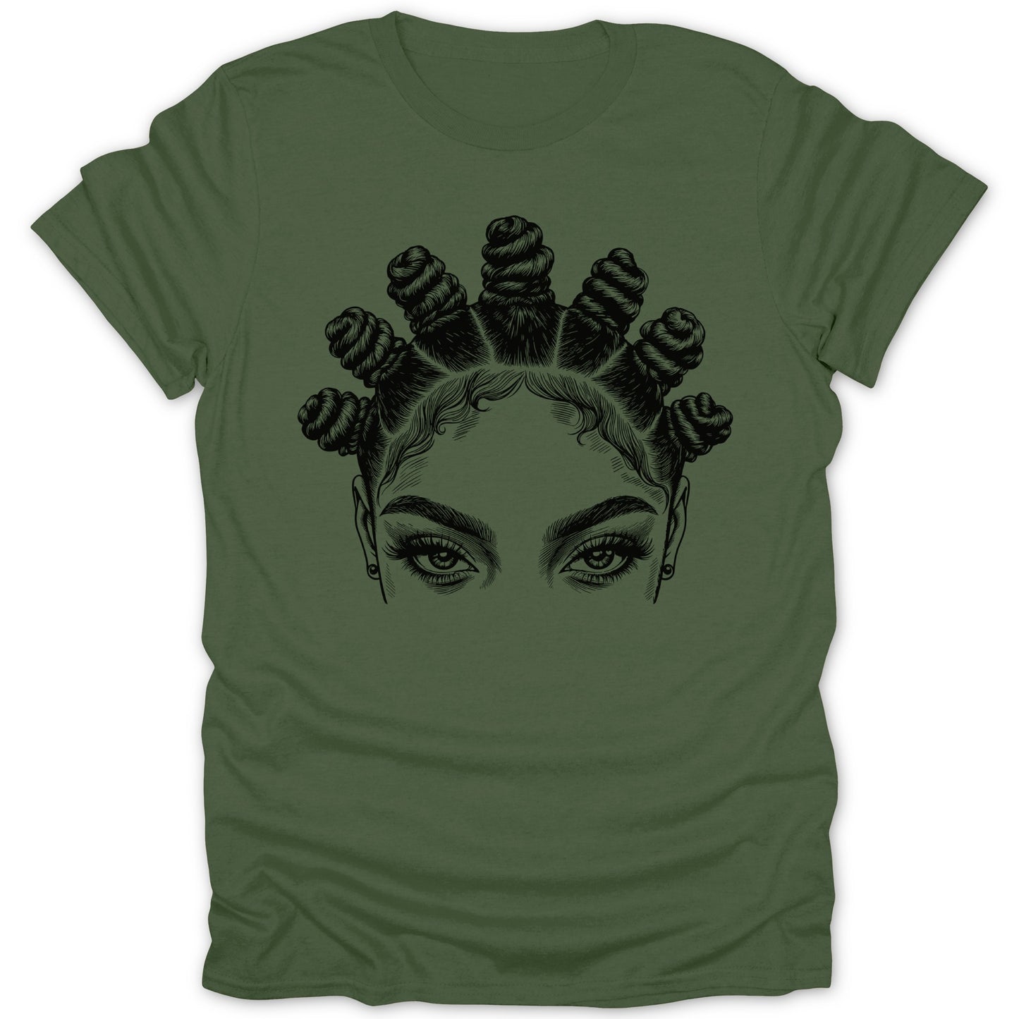 Green t-shirt with line art illustration of a woman's eyes and Bantu knots.