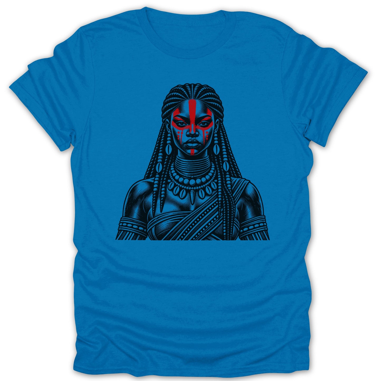 Blue t-shirt with black and red illustration of a woman with intricate braids and face paint.