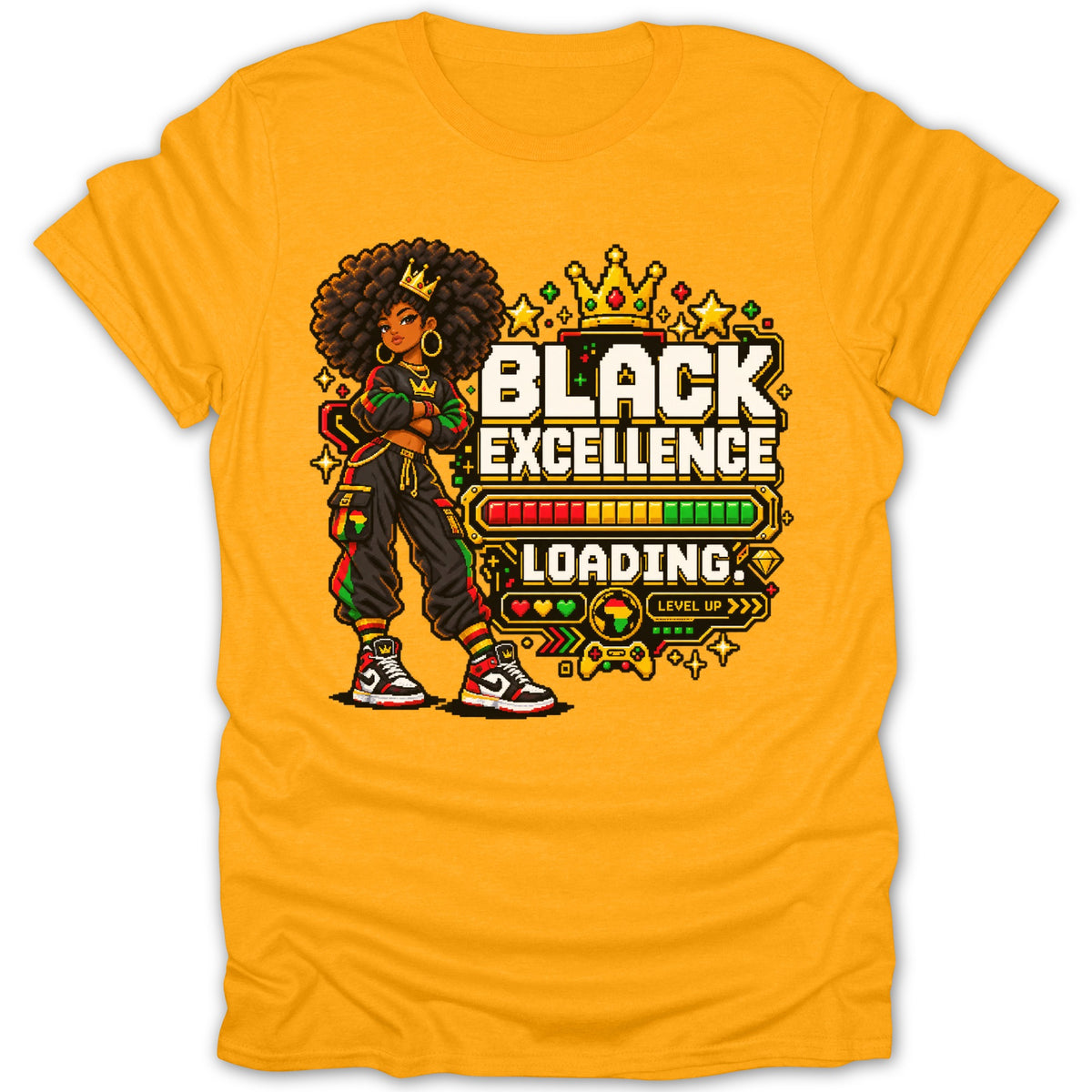 Pixel art of a crowned Black girl with "BLACK EXCELLENCE LOADING" and a progress bar.