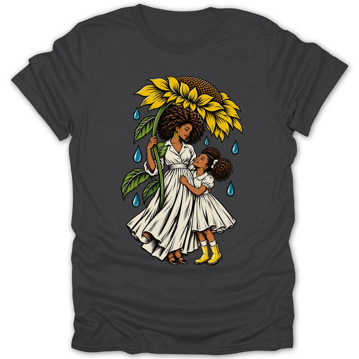 Mother and daughter under sunflower umbrella with raindrops.