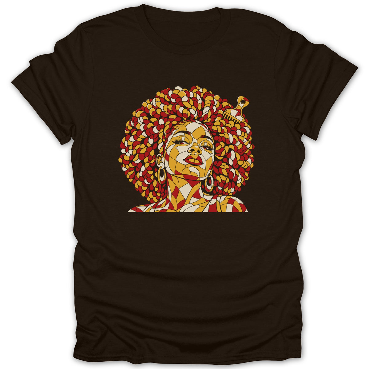 Black crewneck t-shirt featuring a stylized mosaic illustration of a woman with a large afro and pick.