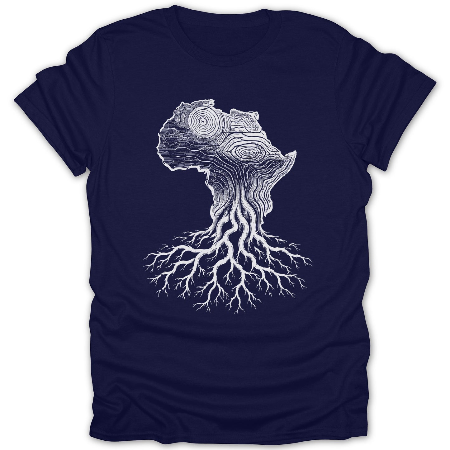 White map of Africa with tree roots design on a navy t-shirt.