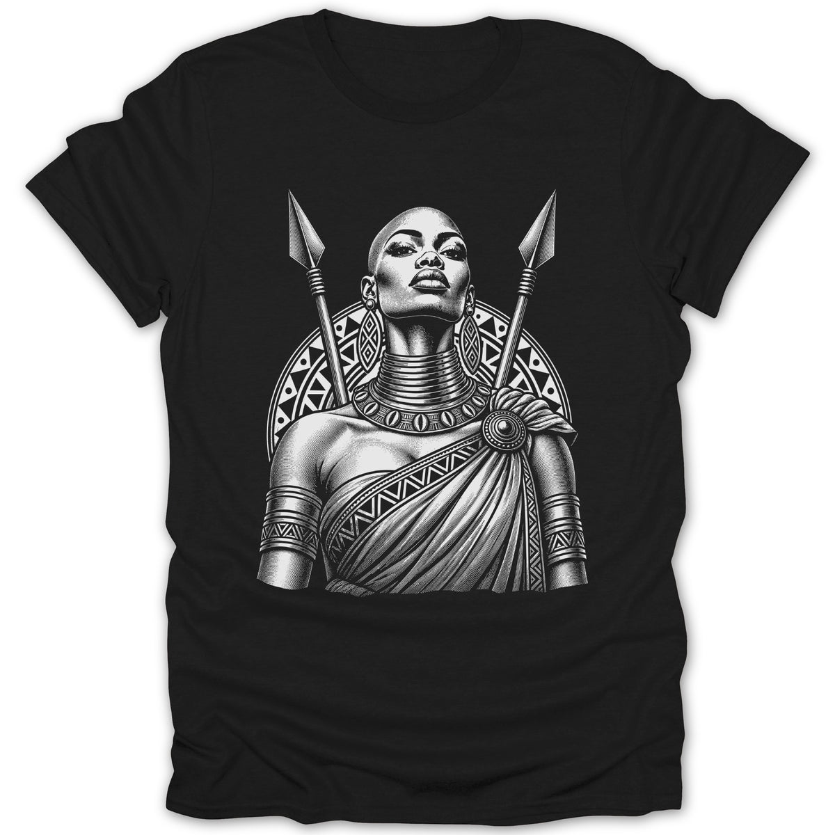 Black t-shirt with a black and white illustration of a bald warrior woman holding spears.
