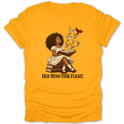Girl reading book on stack of books with birds flying out. "HER MIND TOOK FLIGHT."