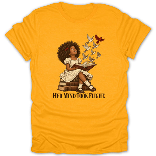 Girl reading book on stack of books with birds flying out. "HER MIND TOOK FLIGHT."