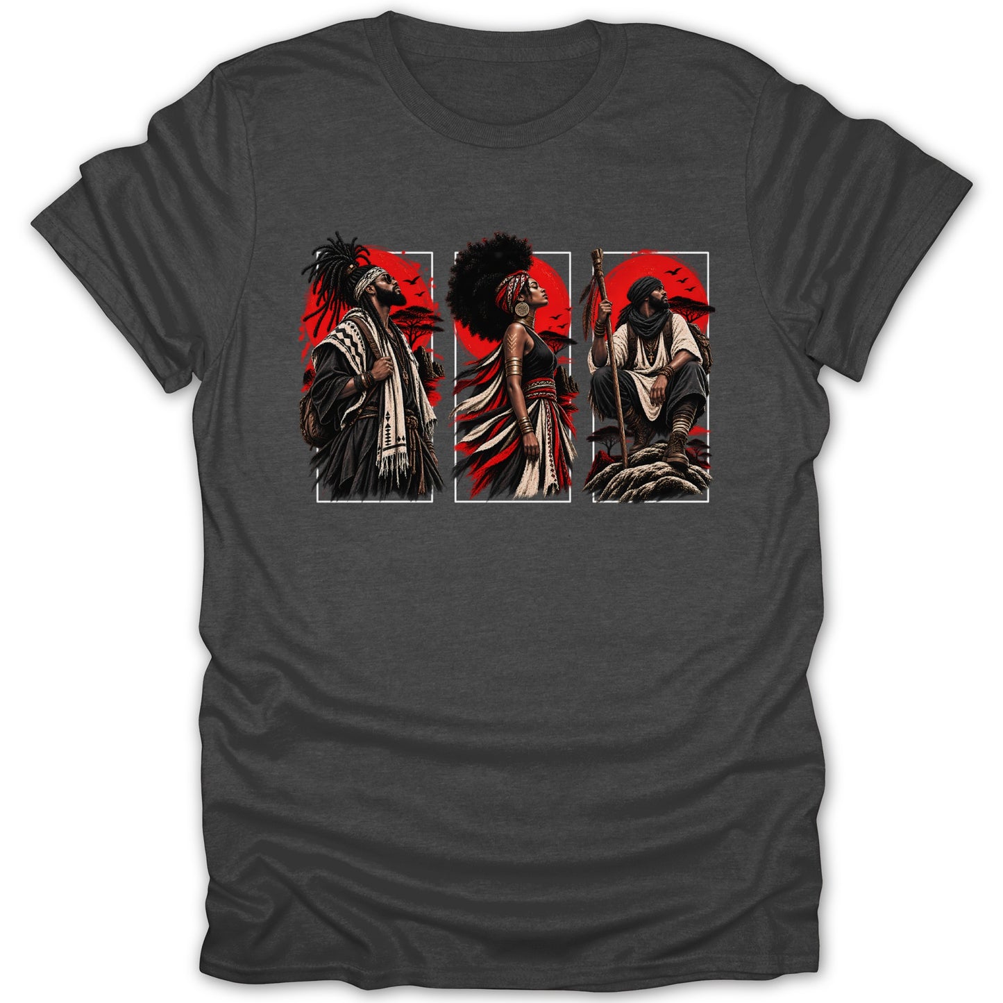 T-shirt with three panels depicting people in traditional African attire against a red sunset.
