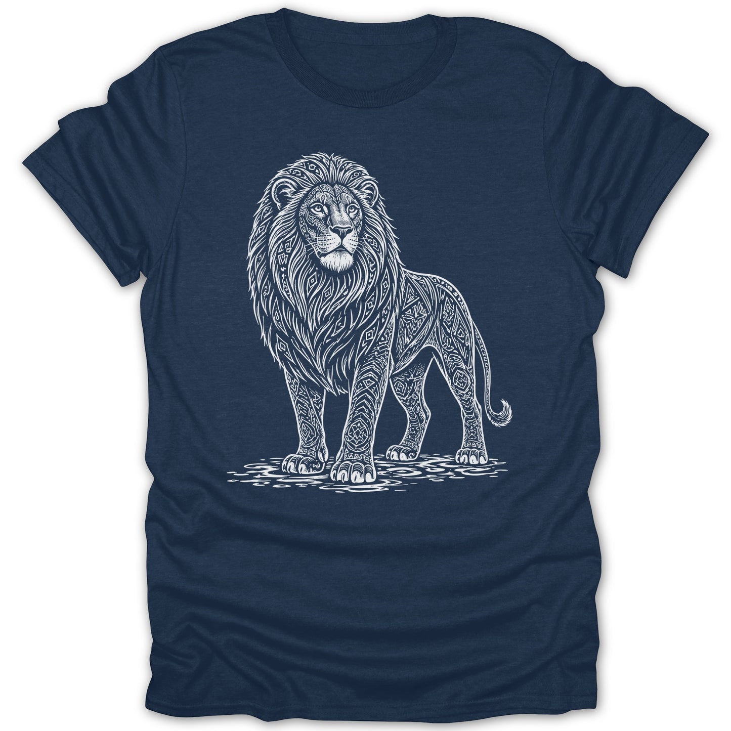 Navy t-shirt with a white ornamental lion graphic design.