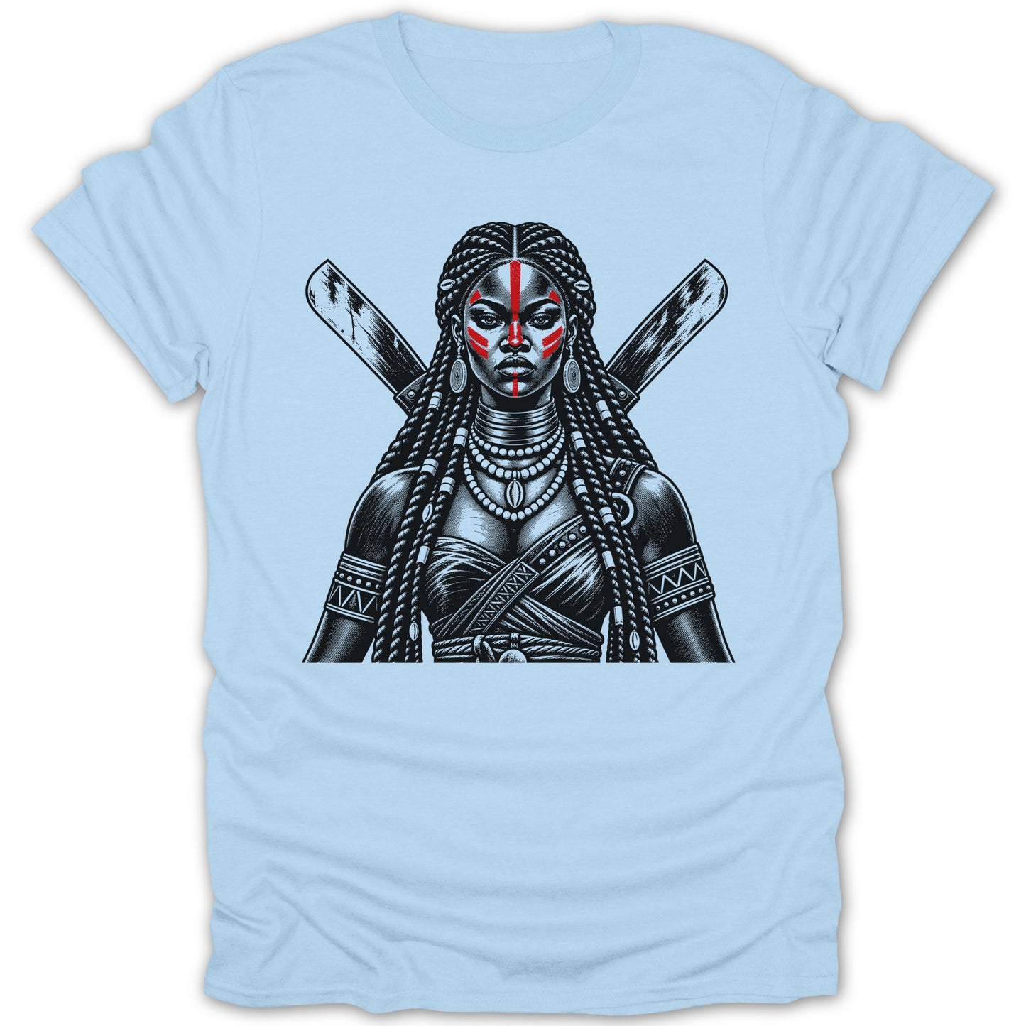 Warrior woman with red face paint and crossed weapons, black and white illustration.