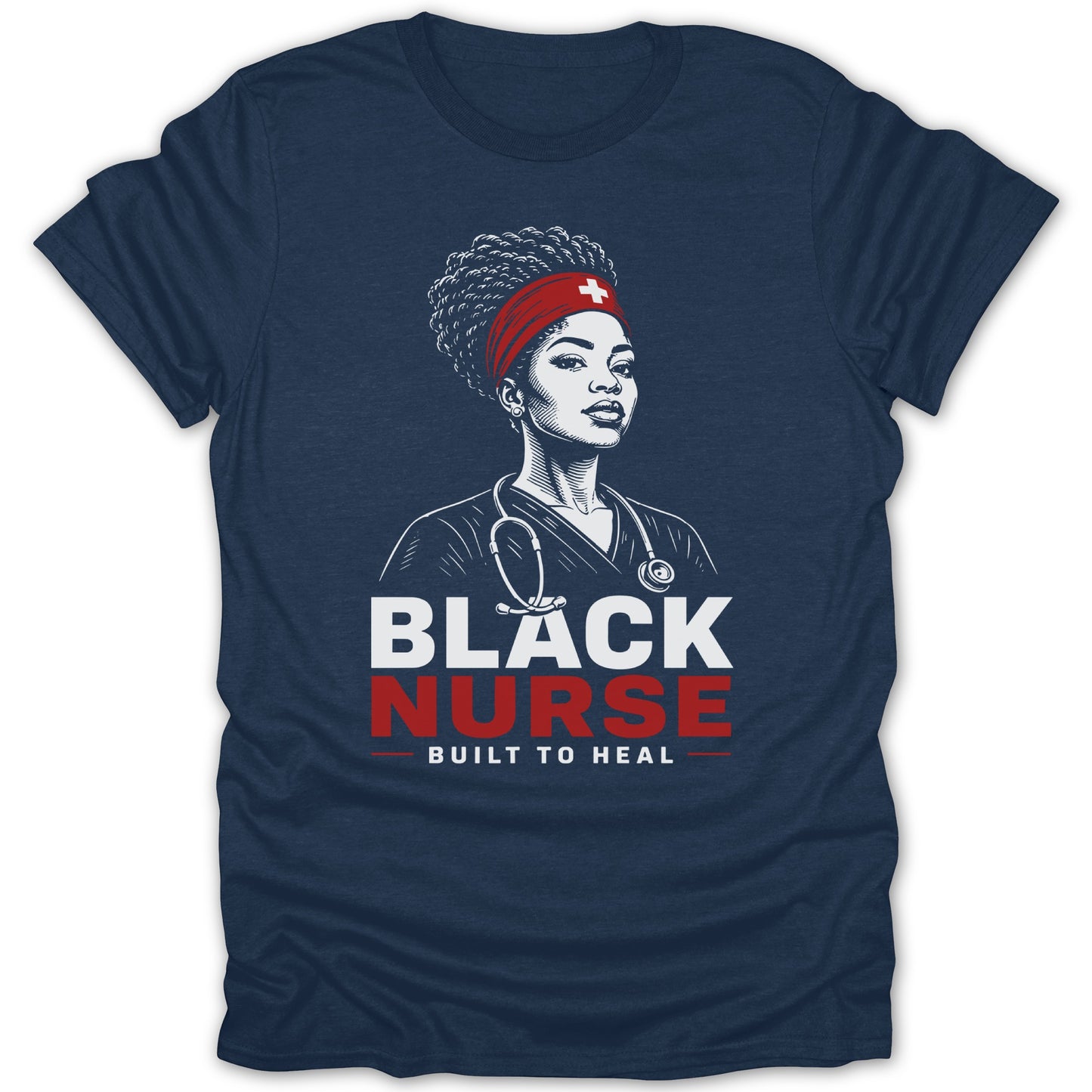 Black nurse graphic with stethoscope and text "Black Nurse Built to Heal".