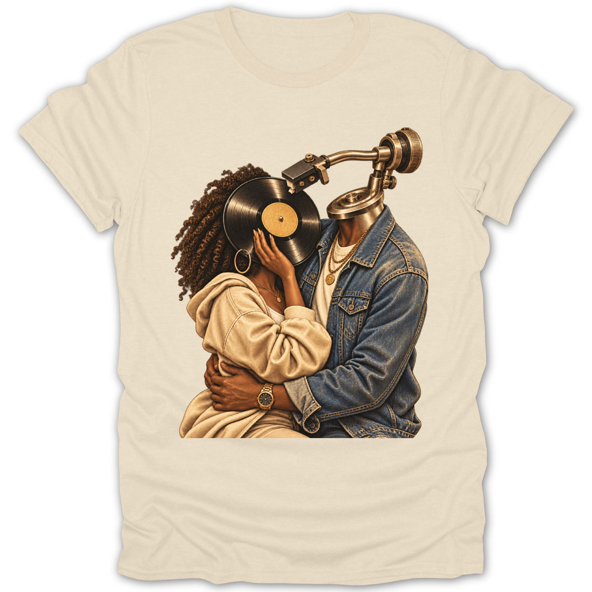 Couple embracing, woman holds vinyl record, man has turntable head.