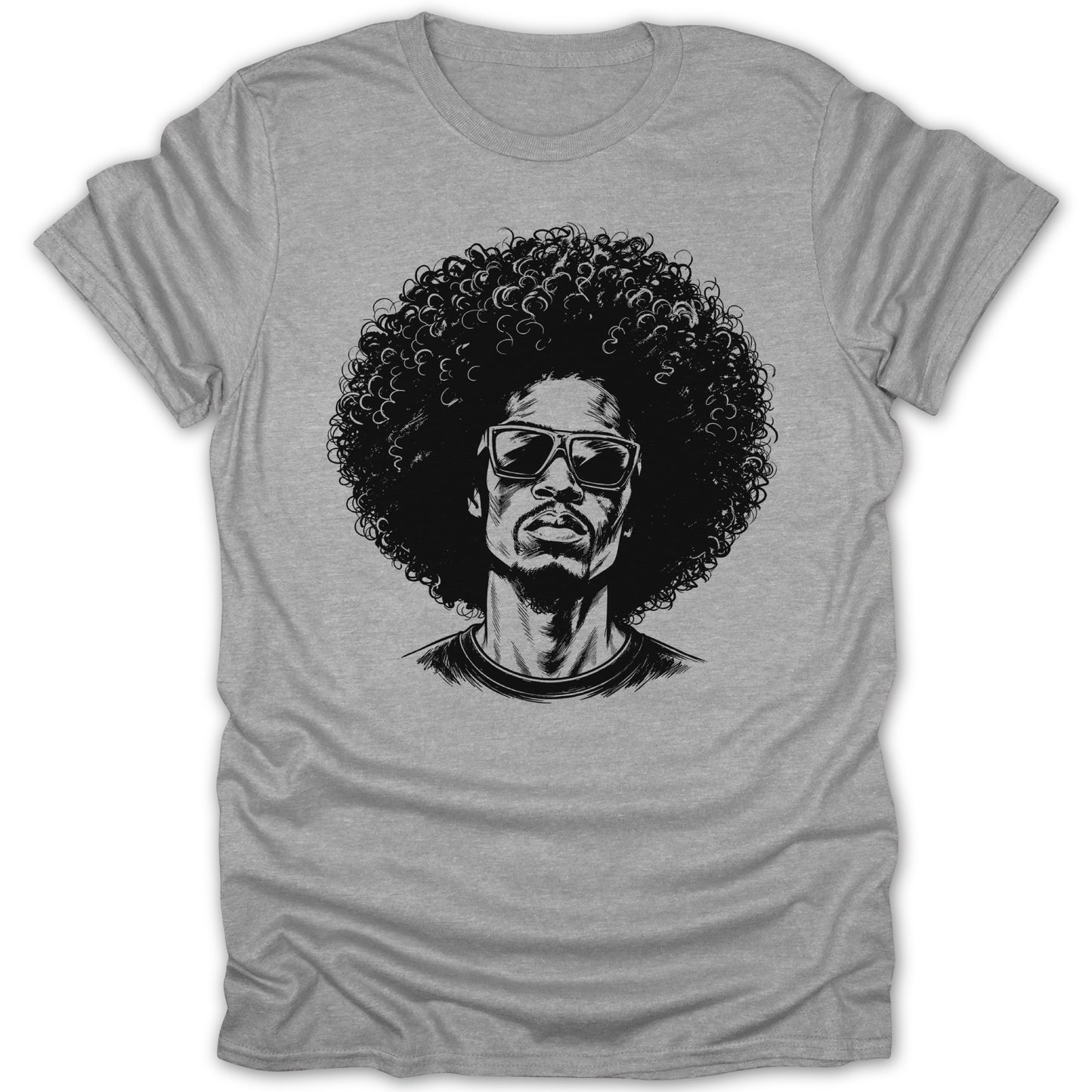 Black and white portrait of a man with sunglasses and large afro on gray t-shirt.