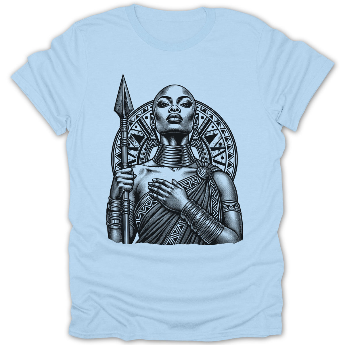 Black and white illustration of a woman holding a spear, wearing traditional jewelry and clothing.