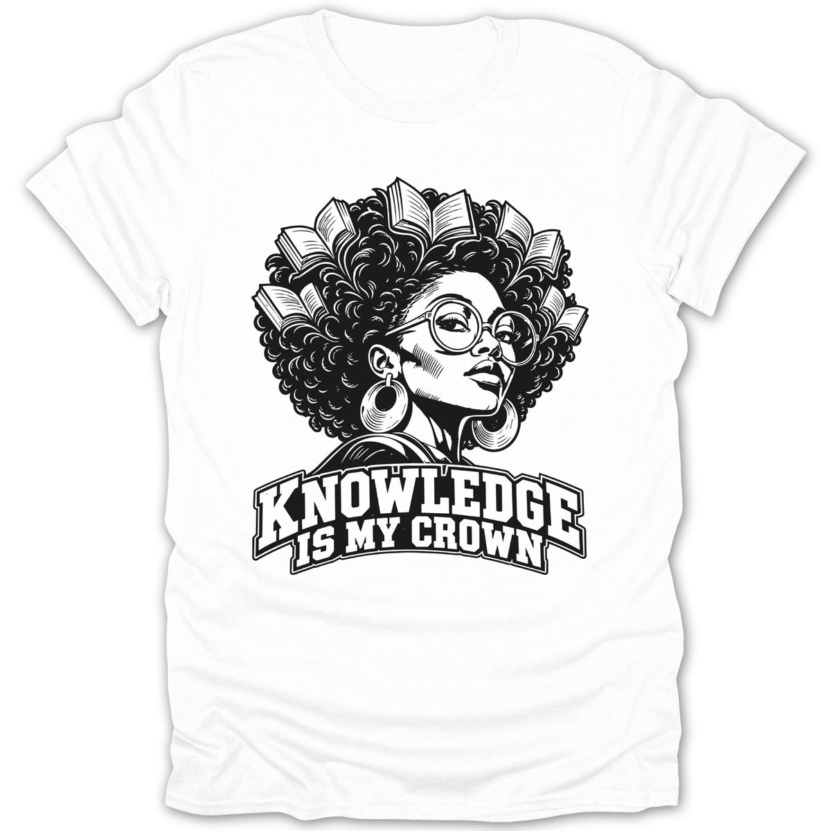 Black and white graphic of woman with afro of books, text reads "KNOWLEDGE IS MY CROWN."