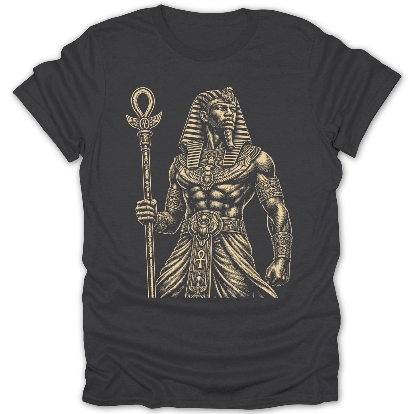 Black t-shirt with an engraved-style illustration of an Egyptian pharaoh holding a staff.