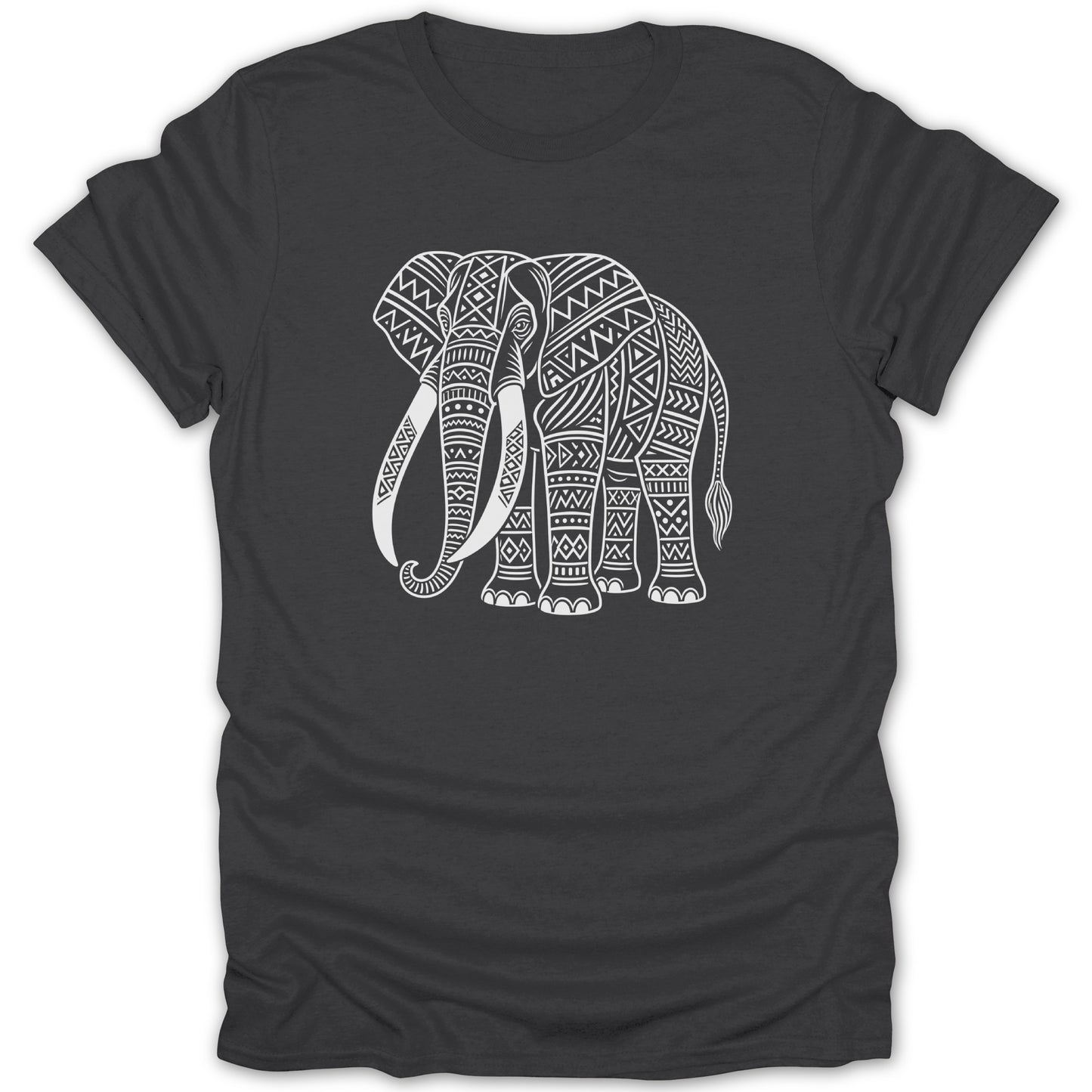 Dark grey t-shirt with white tribal elephant graphic with intricate patterns.