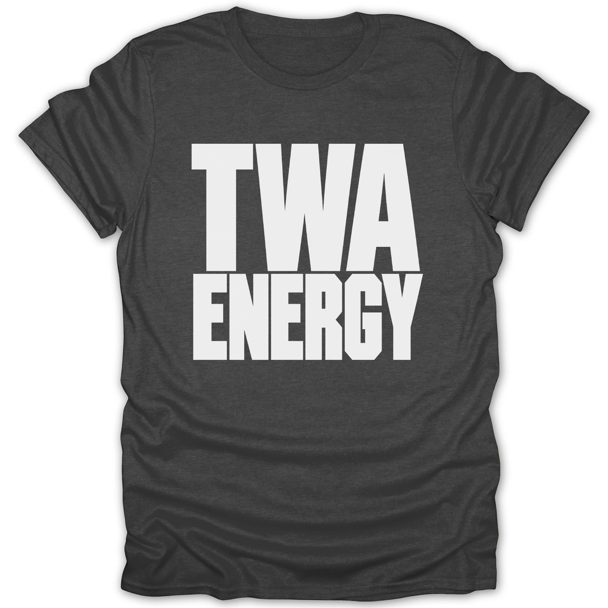 Dark grey t-shirt with white text "TWA ENERGY" centered on the front.