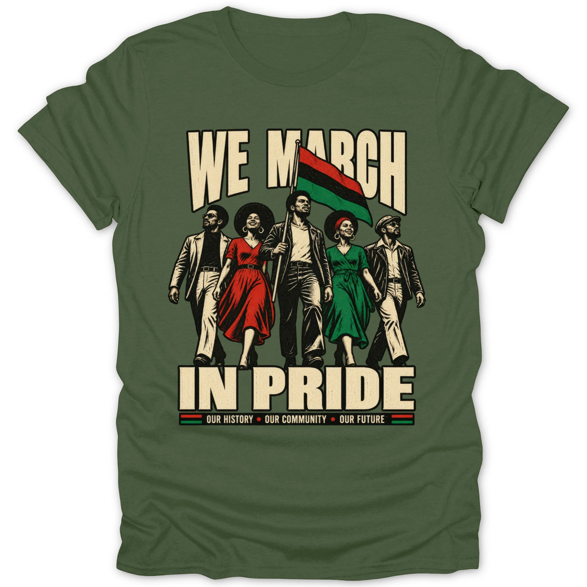 Five people march with the Pan-African flag, text reads "WE MARCH IN PRIDE".