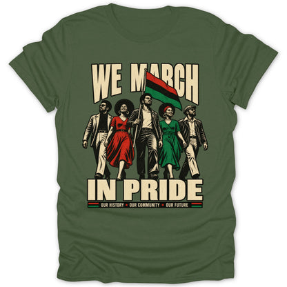 Five people march with the Pan-African flag, text reads "WE MARCH IN PRIDE".
