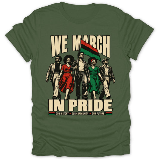Five people march with the Pan-African flag, text reads "WE MARCH IN PRIDE".