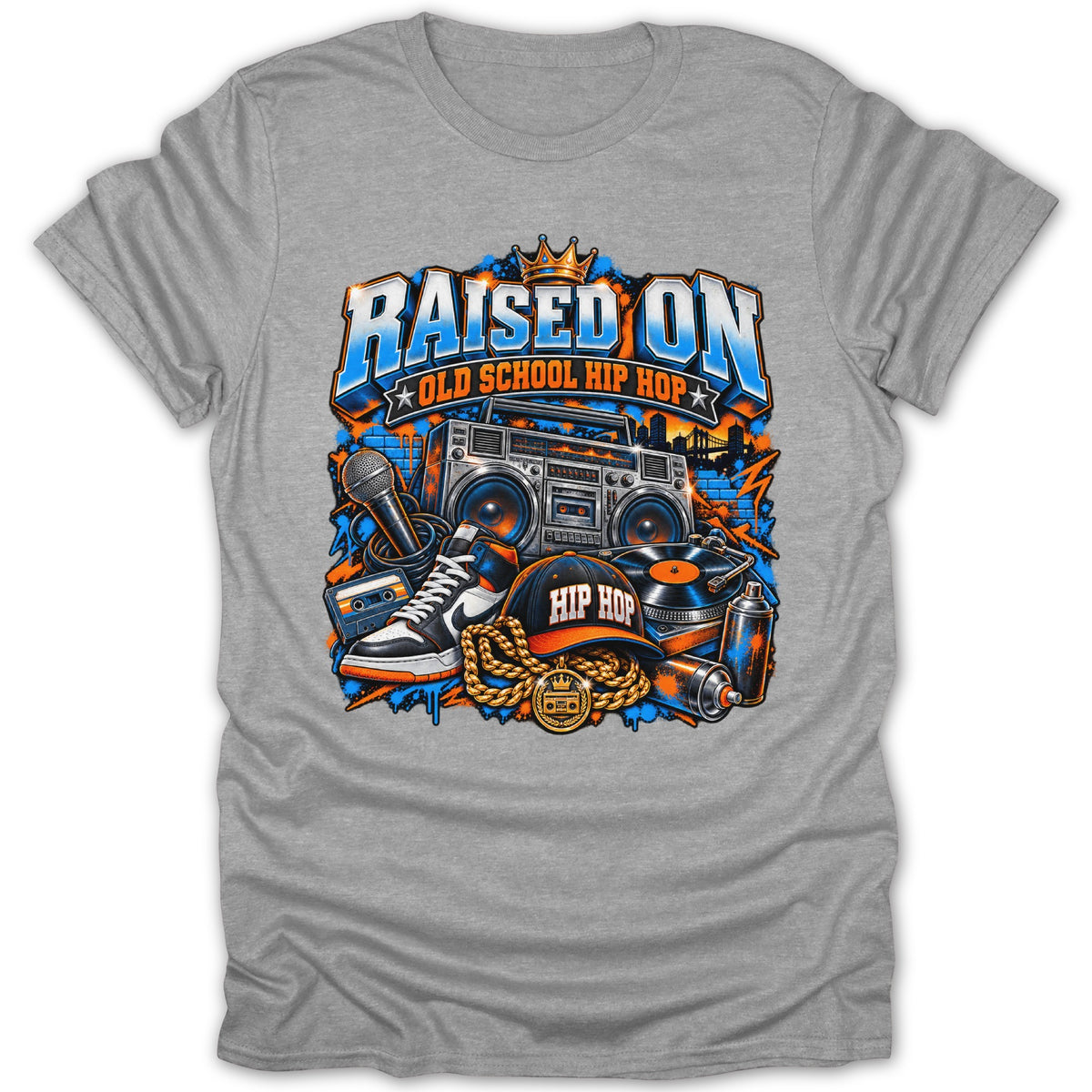 Raised on Old School Hip Hop graphic with boombox, sneakers, and graffiti elements.