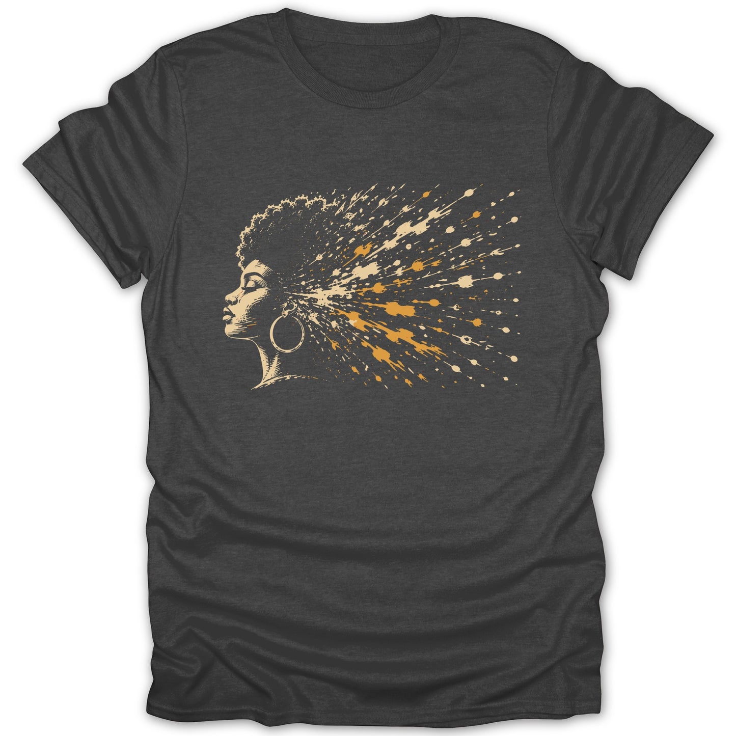 Dark t-shirt with profile of a woman with hair exploding in paint splatters.