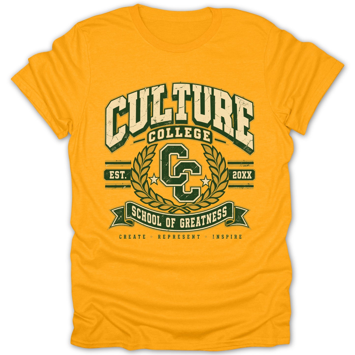 Yellow t-shirt with "Culture College School of Greatness" graphic.