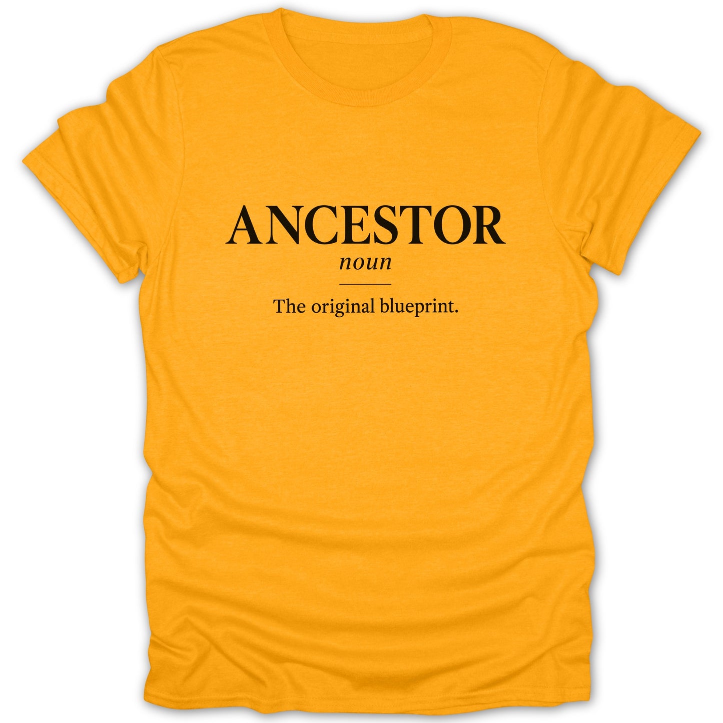 Orange t-shirt with "ANCESTOR, noun, The original blueprint." printed in black text.
