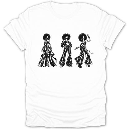 Three black silhouettes of women with afro hairstyles in stylish disco-era outfits.