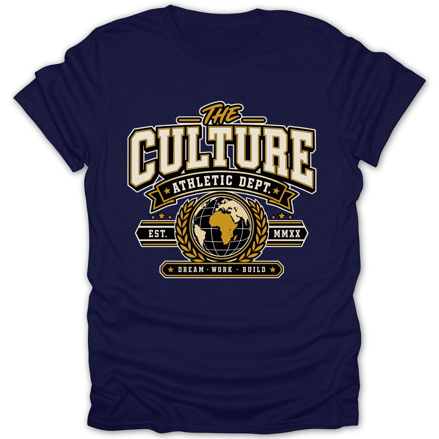 Navy t-shirt with "The Culture Athletic Dept." text and globe logo.