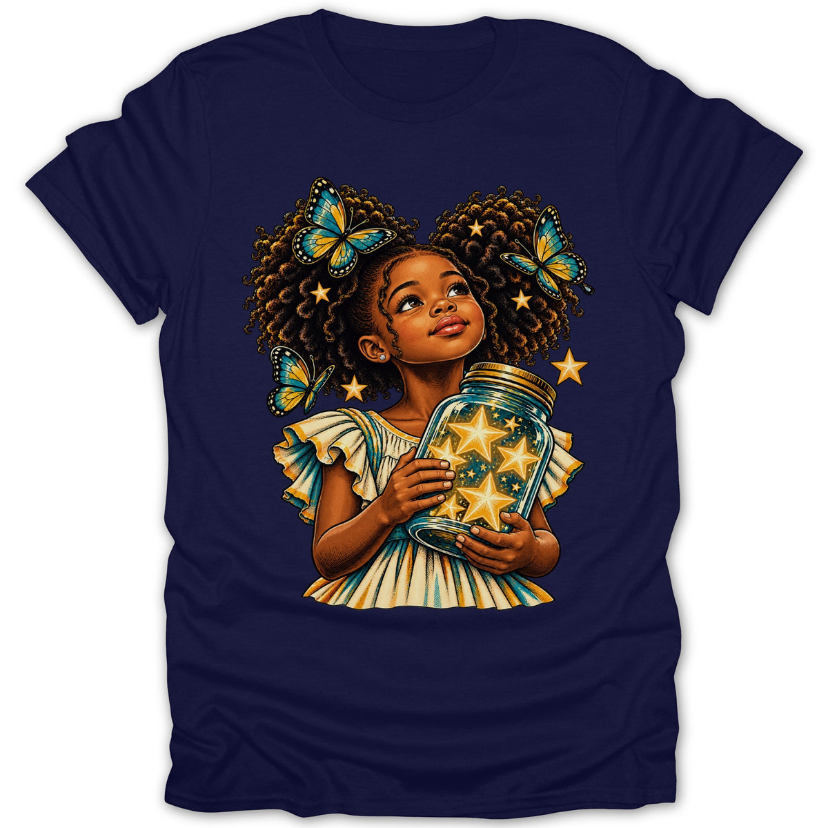 Girl holding a jar of stars with butterflies around her curly hair.