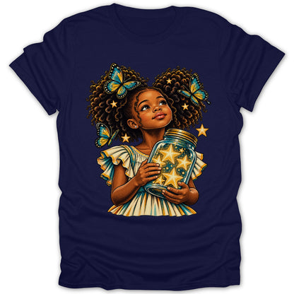 Girl holding a jar of stars with butterflies around her curly hair.