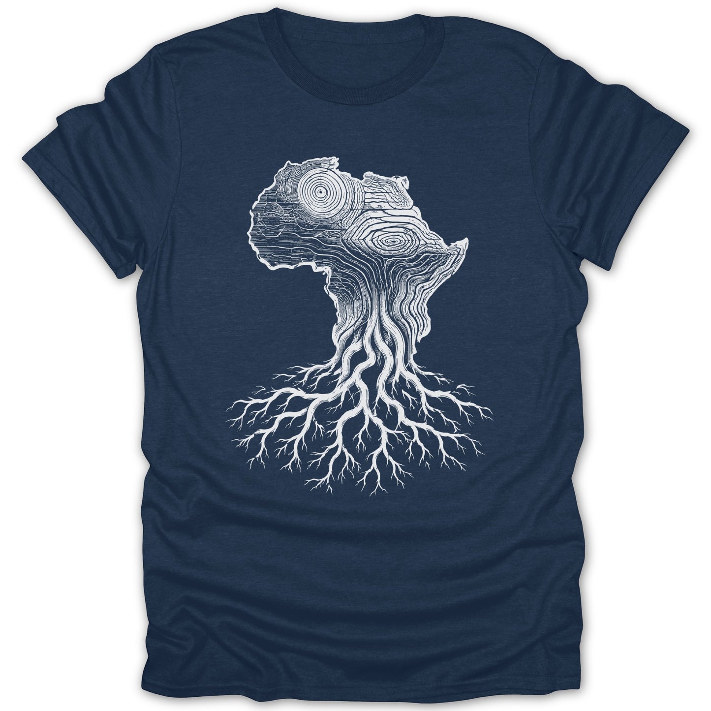 T-shirt with a white graphic of the continent of Africa depicted as a tree with roots.
