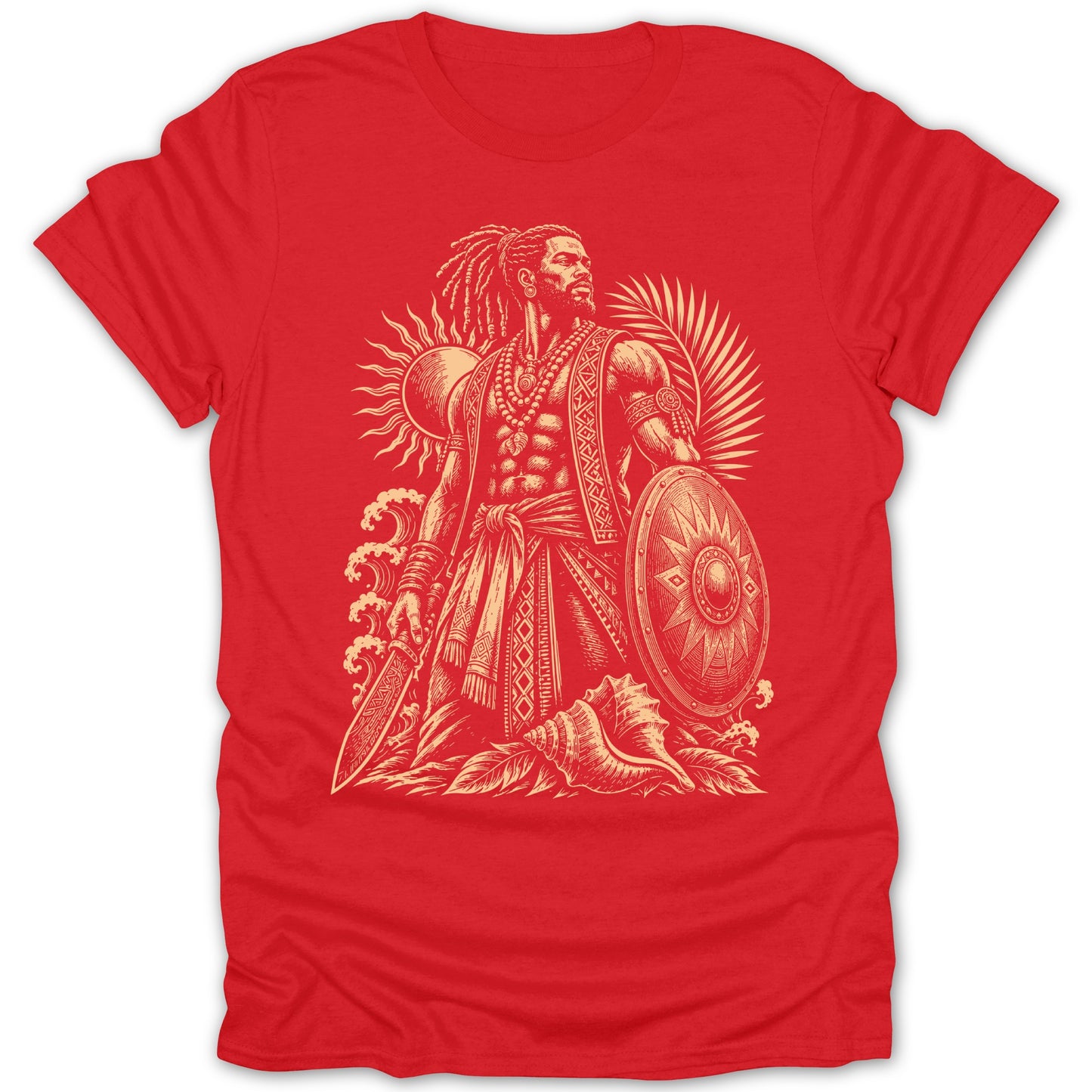 Red t-shirt with a tan print of a warrior holding a sword and shield.