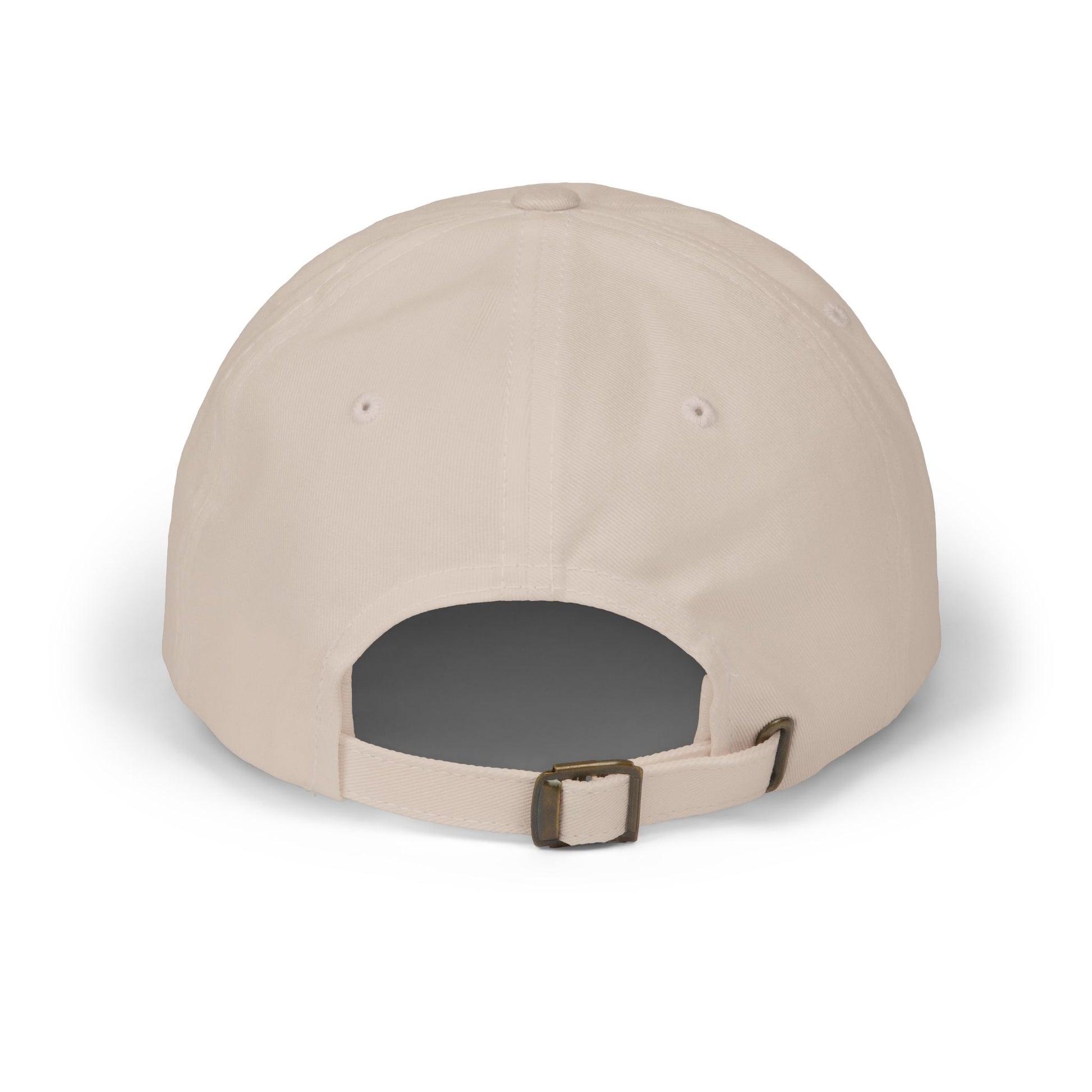 Tan baseball cap with adjustable strap, viewed from the back.