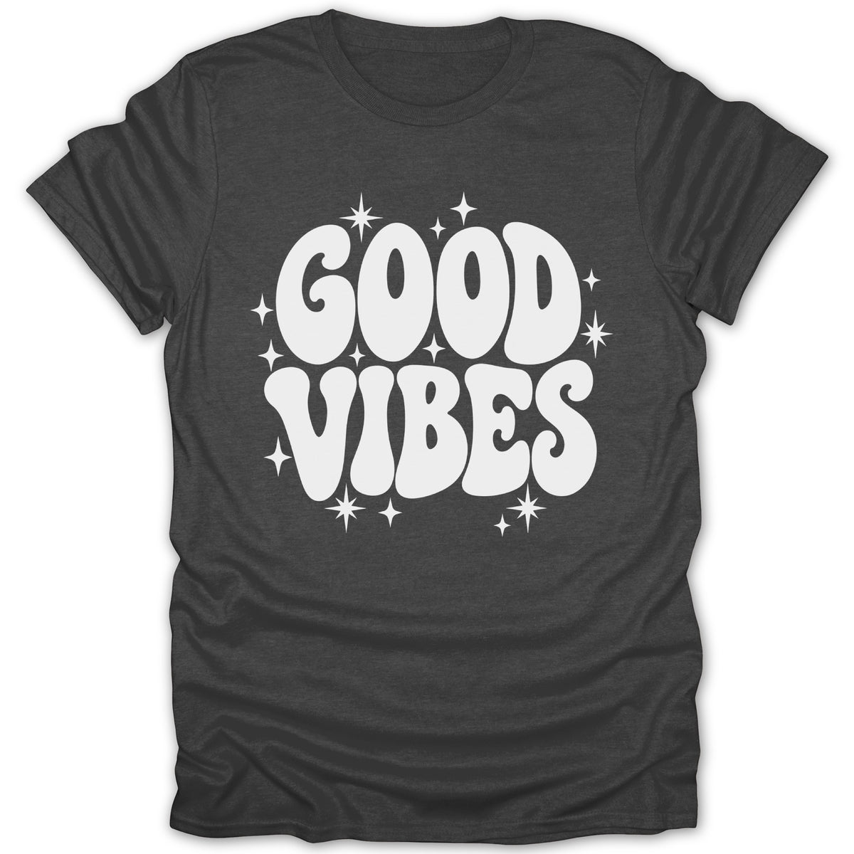 Dark grey t-shirt with white "GOOD VIBES" text and stars design.