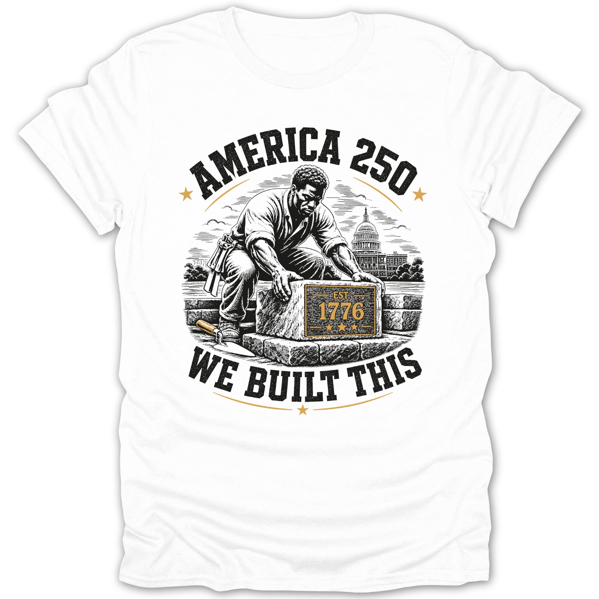"America 250" text over a man building with a stone marked "Est. 1776".