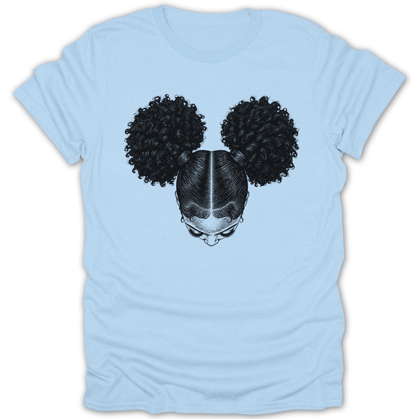 Light blue t-shirt with a black ink illustration of a girl's head with two afro puffs.