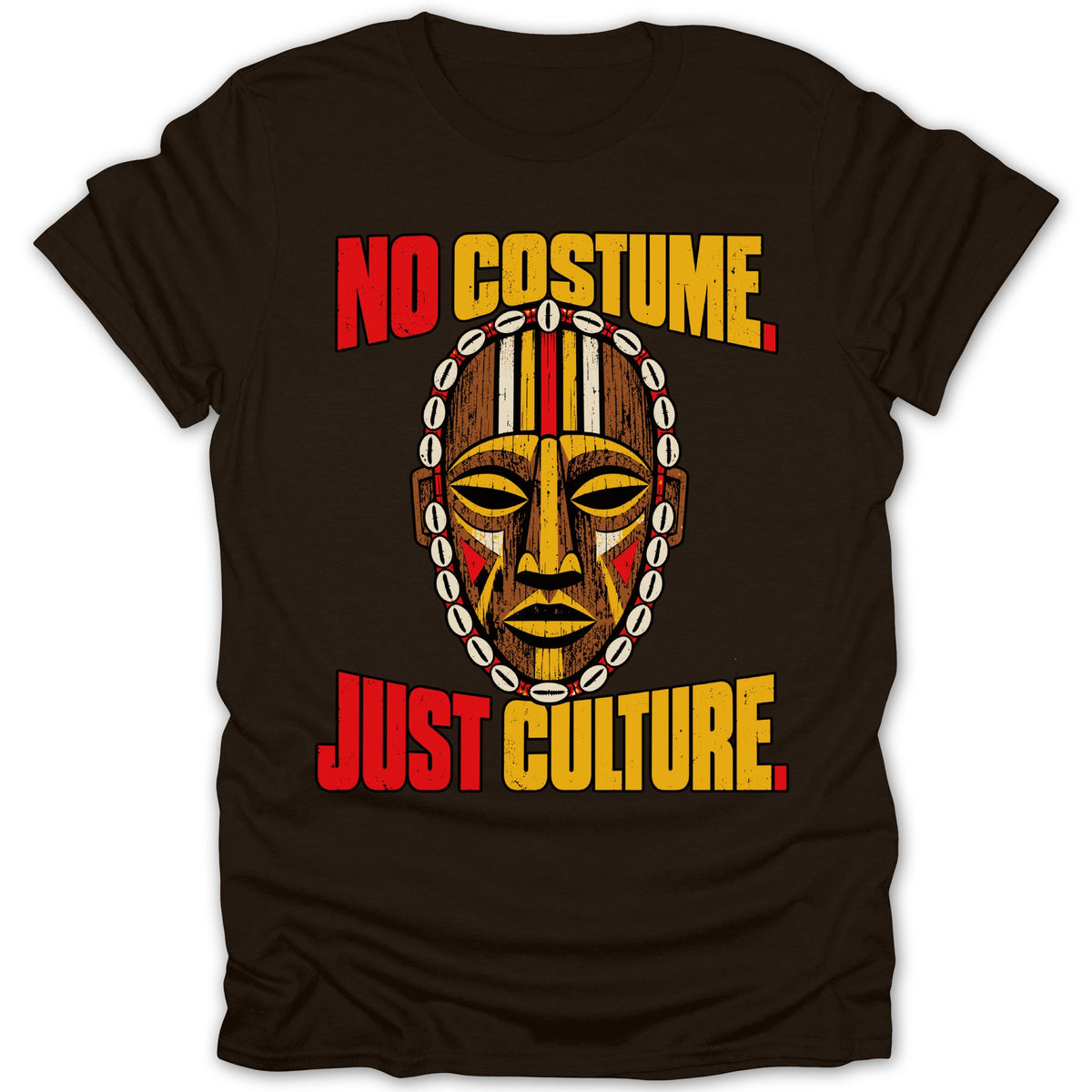 Brown t-shirt with African mask graphic and text "No Costume Just Culture."