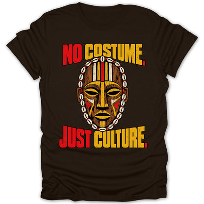 Brown t-shirt with African mask graphic and text "No Costume Just Culture."