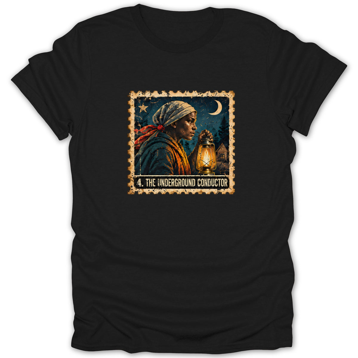 A black t-shirt features a vintage postage stamp graphic depicting a woman holding a glowing lantern.