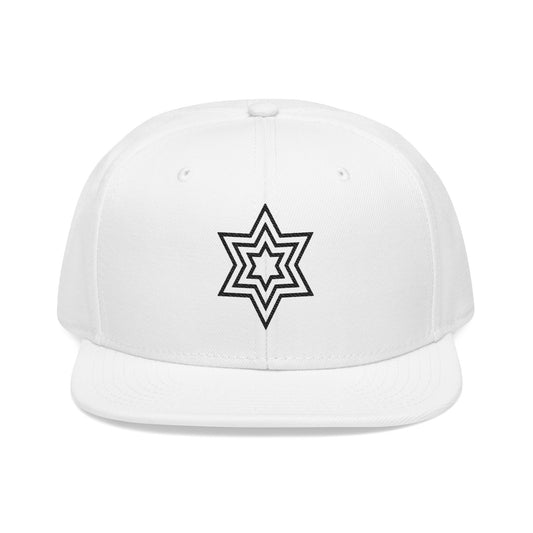 White flat-brimmed baseball cap with a black outline of the Star of David.