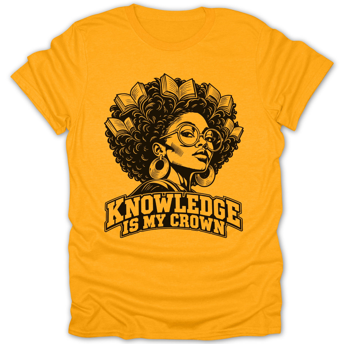 T-shirt with graphic of woman with books in hair and "Knowledge Is My Crown" text.