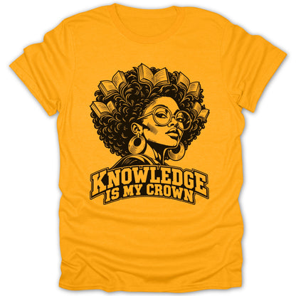 T-shirt with graphic of woman with books in hair and "Knowledge Is My Crown" text.