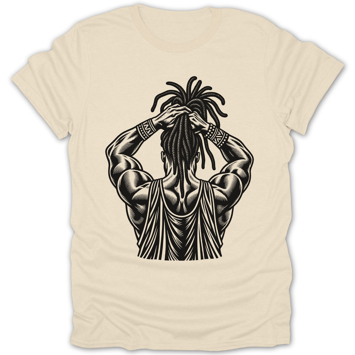 Black and white illustration of a muscular person with dreadlocks tying their hair on a cream t-shirt.