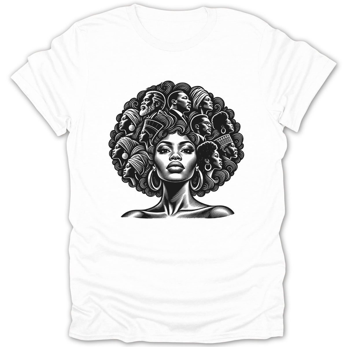 Black and white illustration of a woman's face surrounded by many smaller faces within her afro.