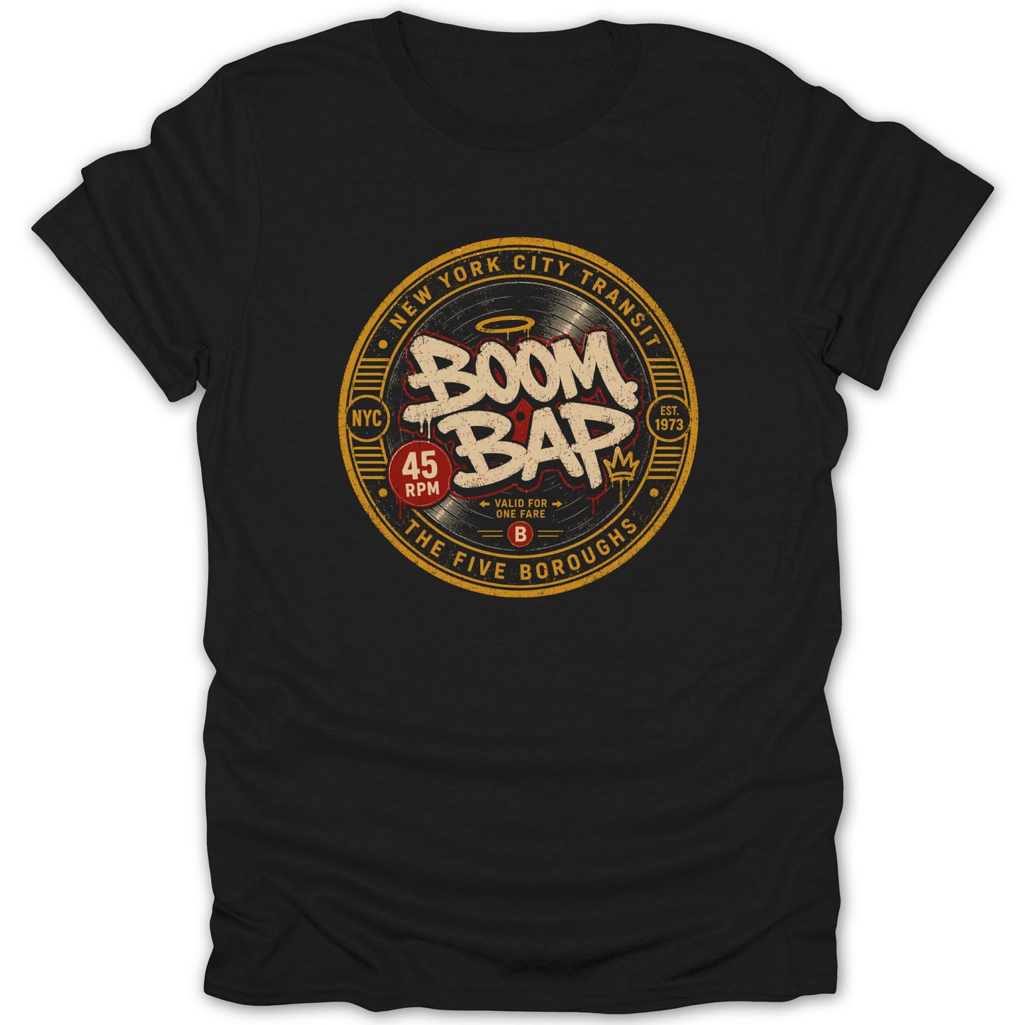 Black t-shirt with a circular graphic featuring "Boom Bap" and "New York City Transit".
