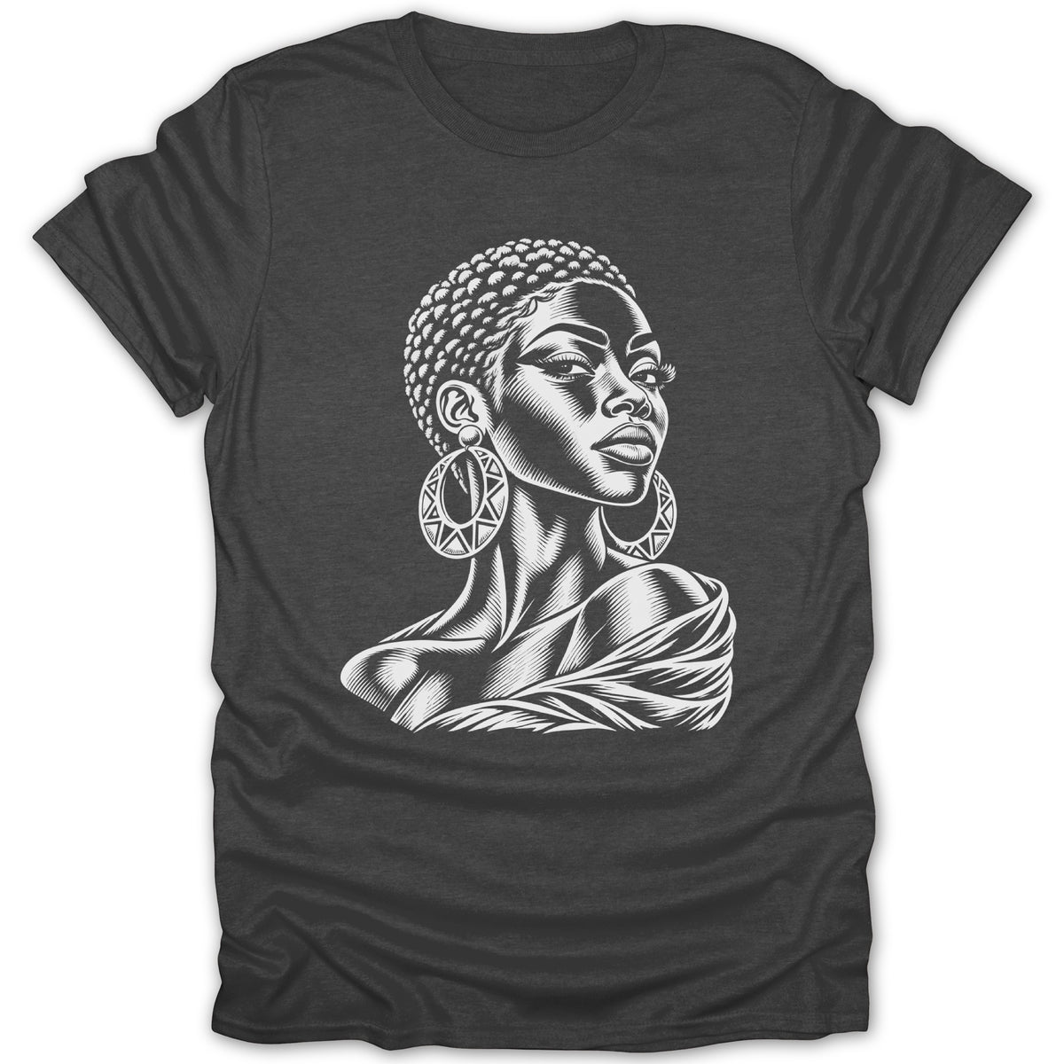 T-shirt with a white woodcut-style illustration of a woman's head and shoulders.